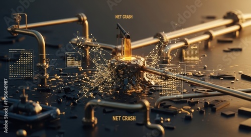 Damaged industrial pipeline network with glowing digital data and Net Crash text
