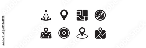Navigation and map icons set including location pins compass map grids and tracking symbols for digital interface and global positioning use