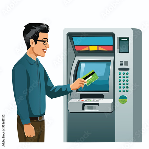 Man using atm machine for financial transaction illustrated in vector style