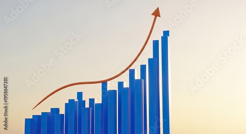 Blue bar graph with rising orange trend line indicating growth