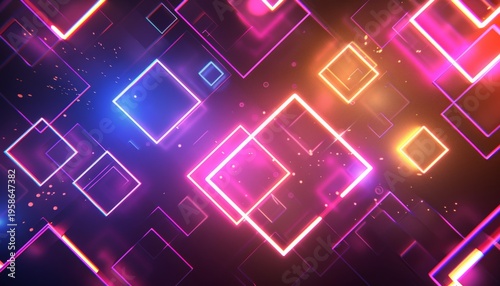 Colorful neon geometric shapes create a vibrant abstract background with glowing squares and rectangles