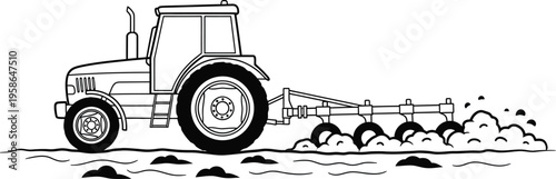 Tractor plowing a field with large rear tire and plow attachment