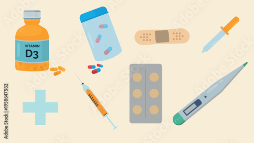 Medical supplies vector set with Vitamin D3 bottle, thermometer, pills, syringe and plaster isolated on background.