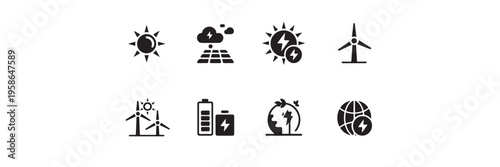 Renewable energy icons set featuring solar panels wind turbines green earth and battery storage symbols for sustainable technology projects