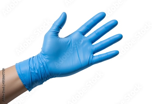Pair of bright blue disposable medical examination gloves