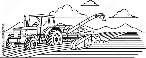 Tractor harvesting crops in a rural landscape