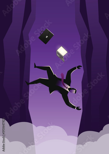 Business executive falling into abyss with briefcase and laptop, concept of business failure