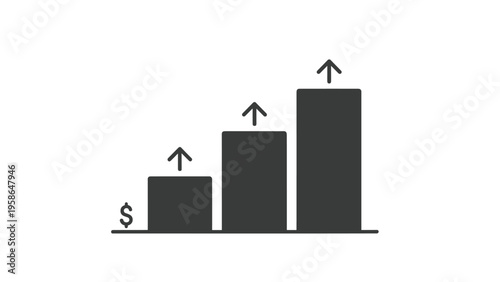 Bar graph with increasing heights and upward arrows starting from dollar sign representing financial growth and investment profit.