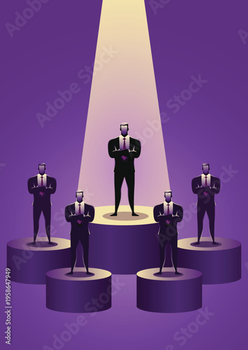 Businessman standing on top of podium with spotlight, representing leadership and success