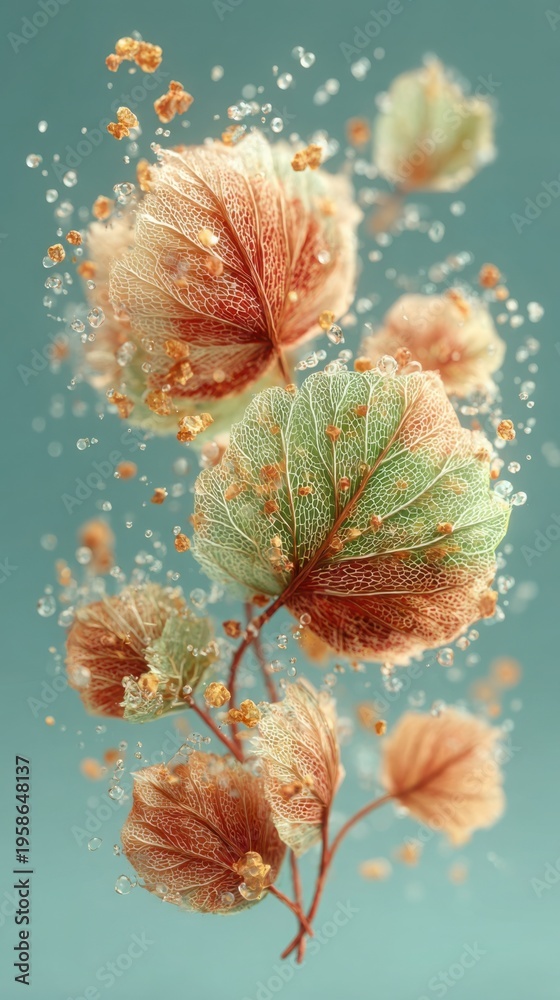 Obraz premium Ethereal skeleton leaves suspended in liquid with golden particles and water droplets. A macro concept of natural skincare, cellular hydration, and biotech innovation.