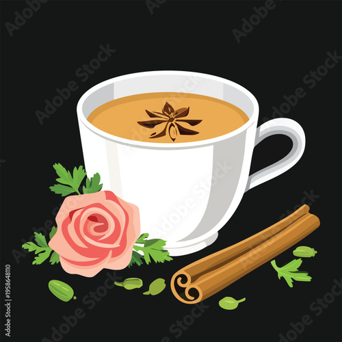 Chai tea cup with rose and spices illustration against a black background