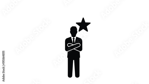 Silhouette of professional businessman with arms crossed and star symbol representing high performance and business excellence.