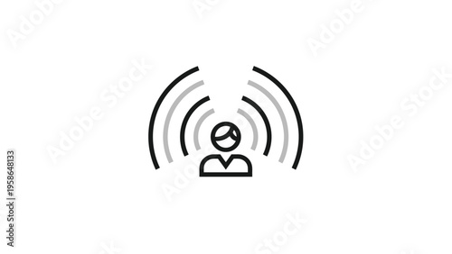 Person icon with radiating signal waves representing communication, broadcasting, network connectivity, and social influence.