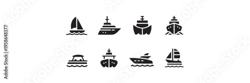 Set of eight boat and ship icons including sailboat yacht cruiser cargo ship fishing boat speedboat and traditional chinese junk boat