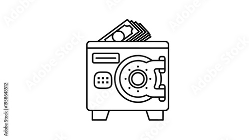 Financial savings and banking security concept showing a metal safe with stacks of cash sticking out from the top.