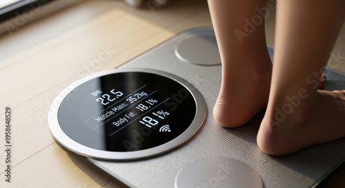 Close-up of A Persons Feet on A Modern Digital Weighing Scale Showing Bmi, Muscle Mass, And Body Fat Percentages Concept Digital Lifestyle