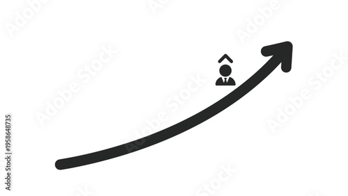 Career promotion and professional success path shown with a person icon rising along a thick upward trending arrow.