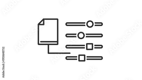 Technical documentation and parameter settings concept showing a document file linked to multiple adjustment sliders.