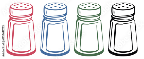 Salt shaker, pepper, condiment, seasoning, food, red, blue, green, black outline, minimal line art vector collection for recipes