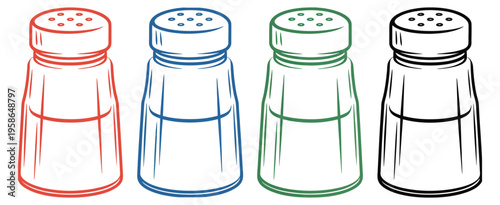 Salt shaker, pepper, condiment, seasoning, food, red, blue, green, black outline, vector illustration for kitchen, cooking, and culinary design