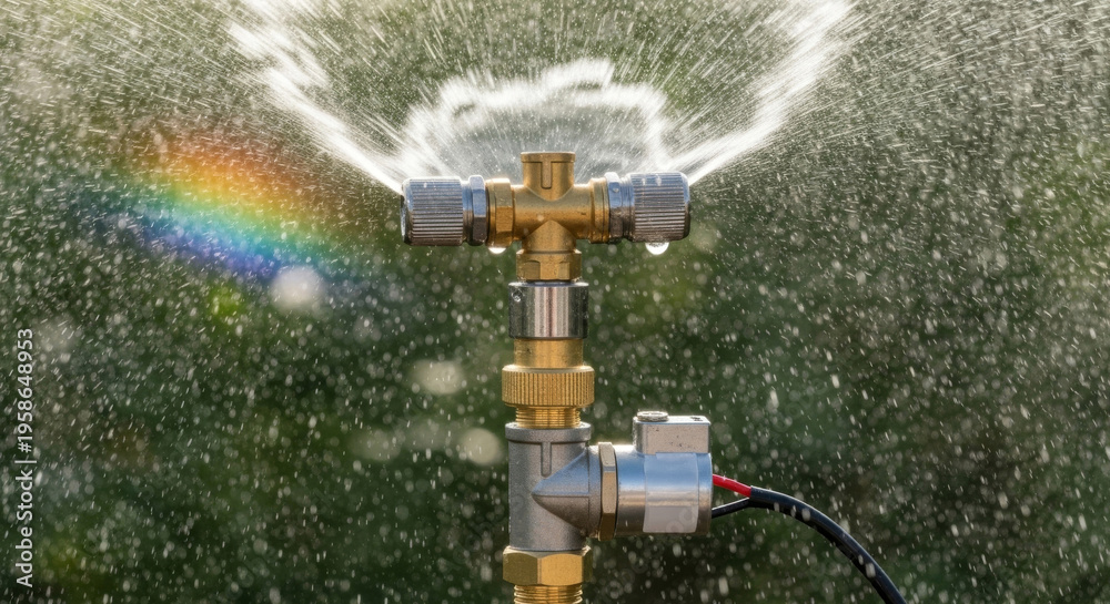 Naklejka premium Brass Hydraulic Valve Sprays Water, Creating A Rainbow Effect in The Sunlight. Clear Droplets Glisten in The Air, Adding to The Vibrant Scene Concept Sustainable Living