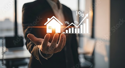 Hand holding glowing house icon with rising percentage graph