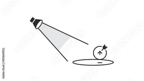 Spotlight illuminating target icon with an arrow in the center representing focused goals, precise achievement, and success.
