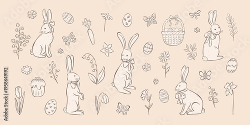 Vintage hand drawn Easter set with outline bunnies, eggs, flowers, carrot, basket, and cupcake on pastel background. Ink sketch style. For greeting card, invitation, print and seasonal decorations