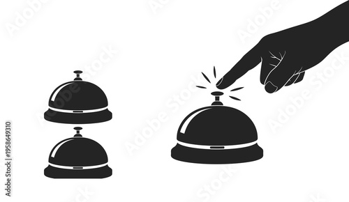 Hand Pressing Service Bell, black and white vector illustration of hand ringing hotel or reception bell with additional bells in background flat minimal style