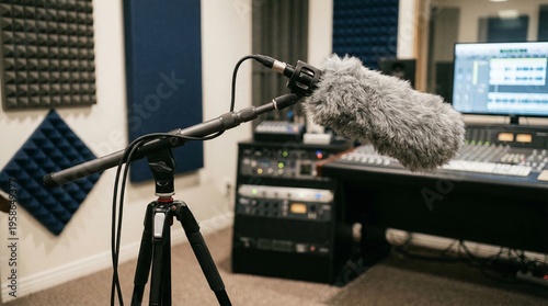 A professional recording studio features a microphone on a stand with soundproofing panels. Concept for audio production, broadcasting, and multimedia content creation. Generative AI.