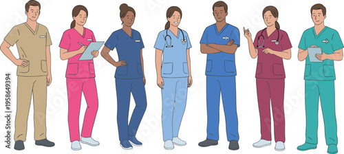 Diverse healthcare medical team of doctors and nurses wearing colorful scrubs with stethoscopes and digital tablets for hospital staff recruitment and professional clinic nursing vector illustration