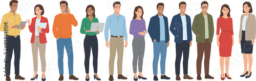 Diverse business team and young office professionals standing with laptops and documents for corporate communication digital transformation and modern employee recruitment flat vector