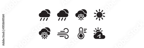 Weather forecast icons set featuring sun clouds rain snow wind and temperature symbols for meteorological reports and mobile applications ui
