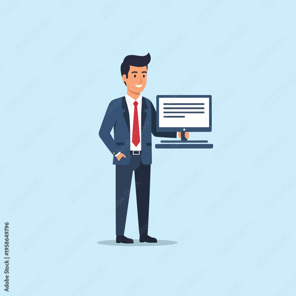 Obraz premium Professional Man Presenting Information on a Computer Screen with Confidence.