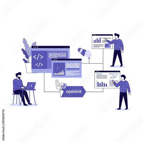 Software Development Workflow with Code, Commit, and Data Analysis.
