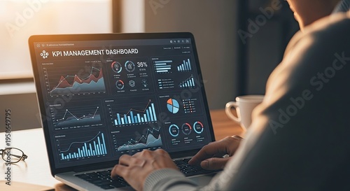 KPI management dashboard on laptop with various financial charts