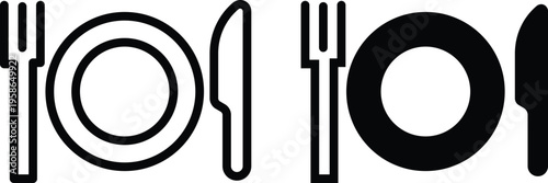 Minimalist restaurant icon set with plate, fork and knife. Black and white cutlery vector symbols for dining and food service signage.