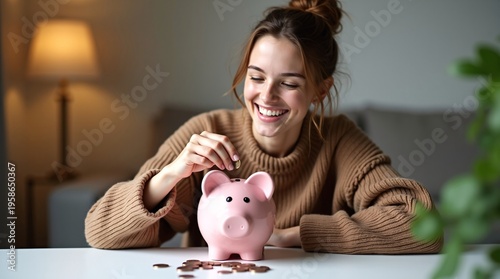 A smiling young woman in a cozy brown sweater carefully drops a coin into a pink piggy bank, with loose coins scattered on the table. 