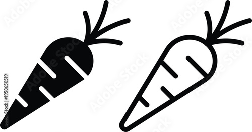 Minimalist carrot icon set in solid and outline styles, fresh vegetable vector illustrations, healthy food symbols for menu design and grocery apps