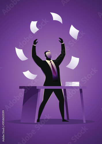 Man joyfully throwing papers into air above desk, symbolizing chaos or celebration of task completion.