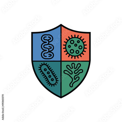 A colorful shield with different types of germs and bacteria