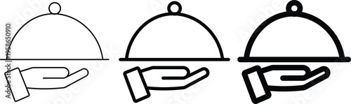 Minimalist food cloche icons with hand, restaurant service tray vector set, black line art cloche symbols for catering and fine dining menus