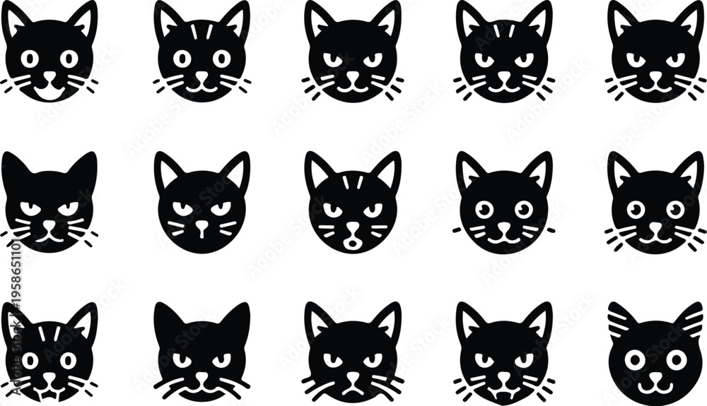 Fototapeta premium Cat Head Silhouette Icon Collection Set