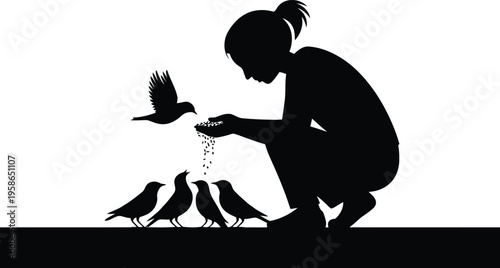 A caring silhouette of a young woman with a ponytail feeding four wild birds