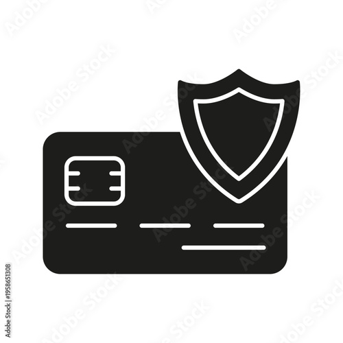 Credit Card With Shield Solid Icon. Secure Payment, Fraud Protection, And Financial Security Silhouette Symbol. Online Transaction Safety. Isolated Vector Illustration