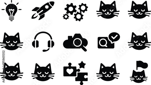 Cat Head Silhouette Icon Collection Set
