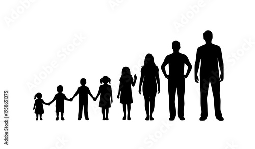 Dynamic human life stages silhouettes childhood to adulthood development concept vector isolated on white