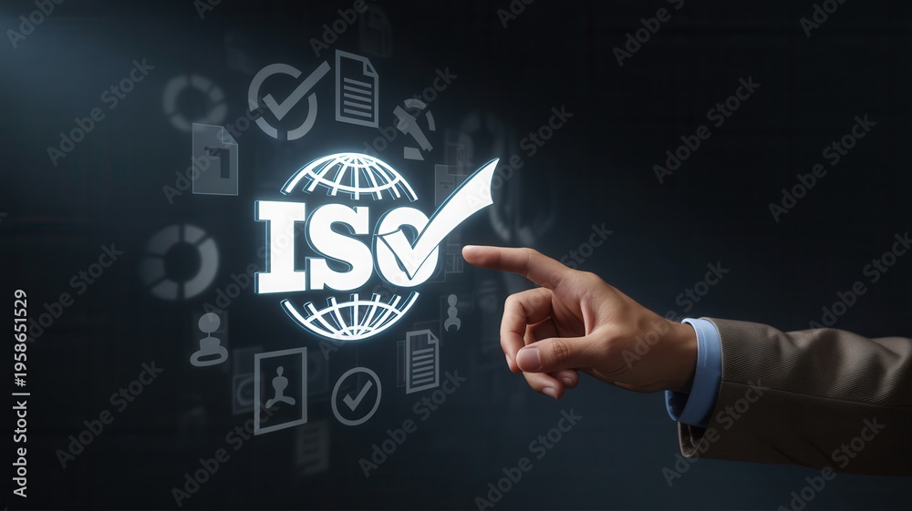 Obraz premium Businessman interacting with a digital ISO certification interface on a dark background