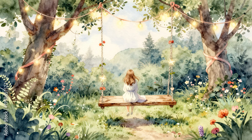 Watercolor illustration of a romantic garden swing adorned with garlands and ribbons, with a person sitting, bathed in soft, magical lighting, evoking a sense of serenity and enchantment.