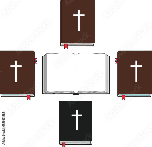 Christian Holy Bible set with cross symbols, open and closed scripture books vector illustration, religious 